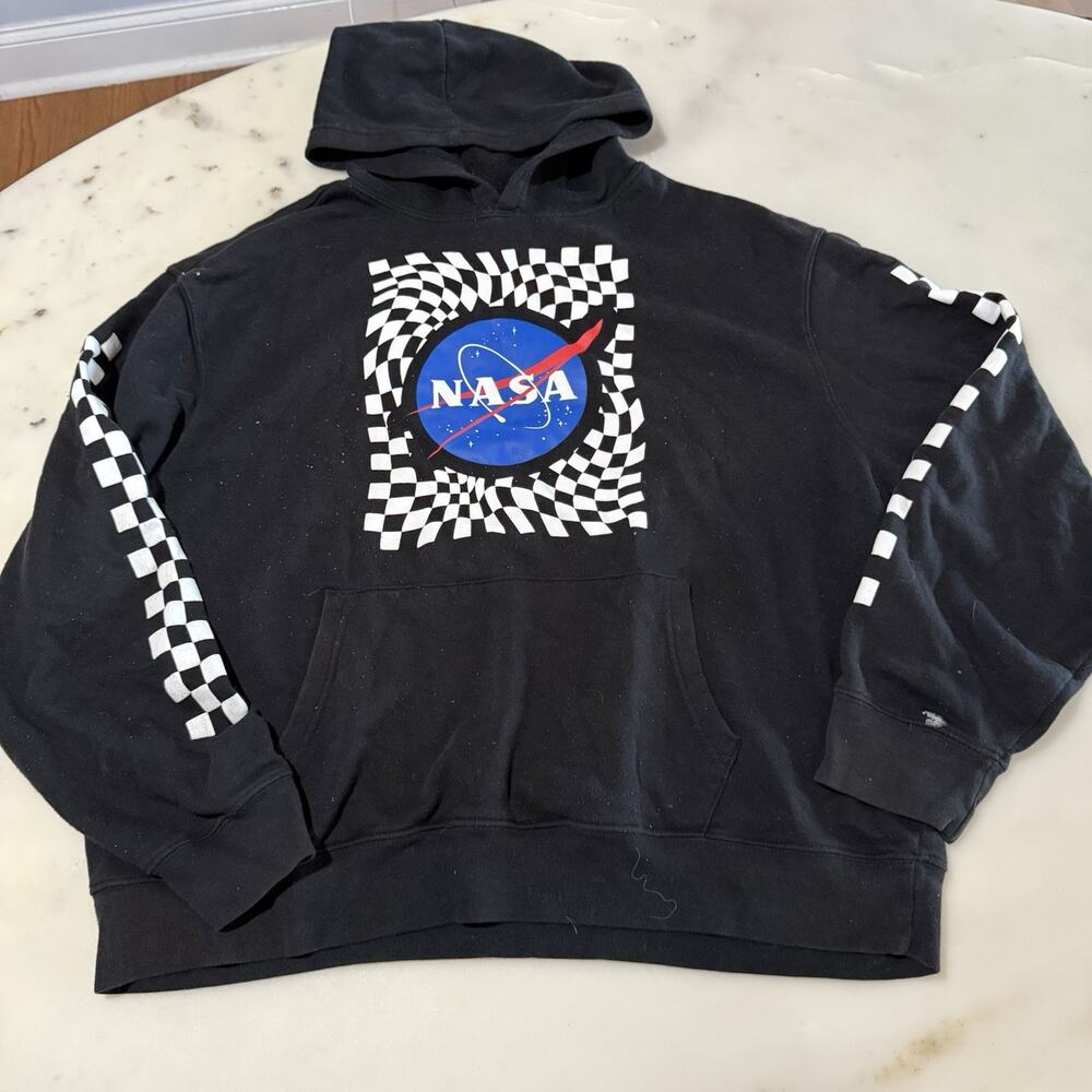 NASA Mad Engine Women XL Checkered Logo Hooded Pullover Fleece Sweatshirt Black
